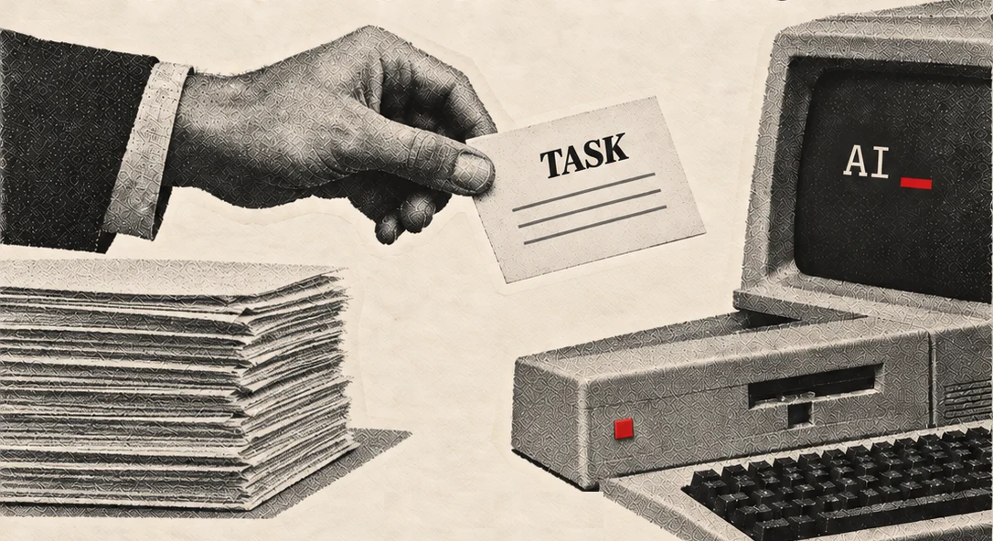 A hand in a suit sleeve passes a card marked TASK towards a beige 1980s computer. Its screen reads AI with a blinking red cursor. A tall stack of paperwork sits beside the hand.