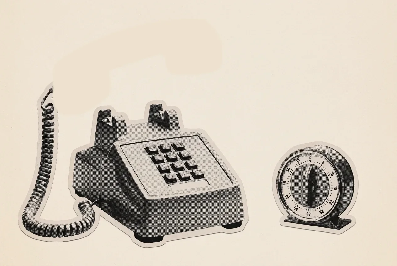 A 1980s office telephone, its red handset buzzing above the cradle, beside a wind-up kitchen timer.