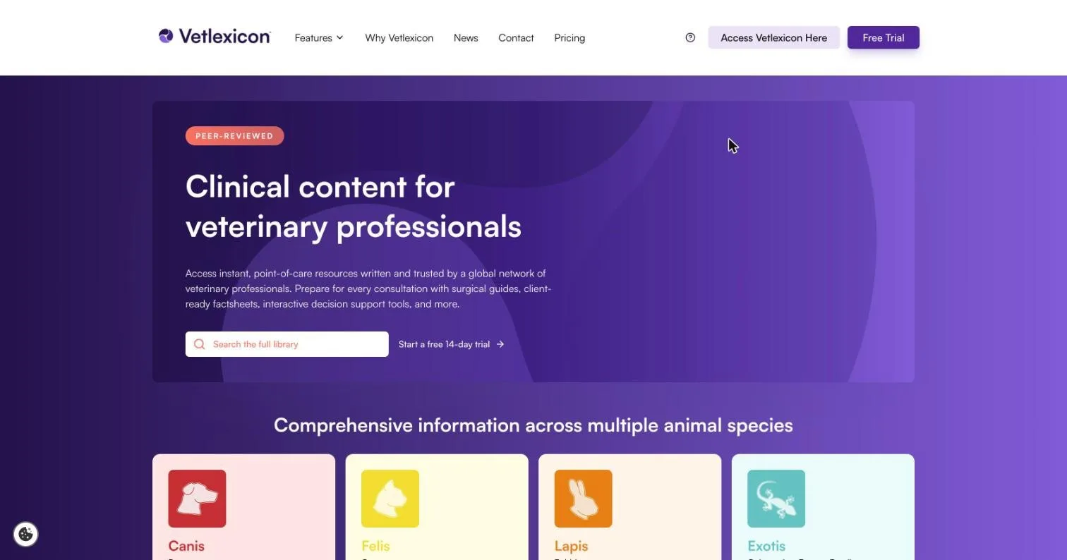 The Vetlexicon homepage, headed Clinical content for veterinary professionals.
