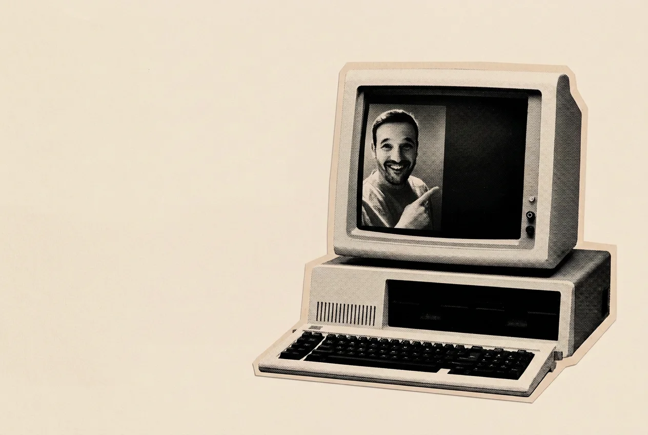 Andrew on the screen of a 1980s computer, pointing at a ChatGPT answer. A hand holds a magnifying glass over the line that says the firm's fees start at 0.5%, which is circled in red.