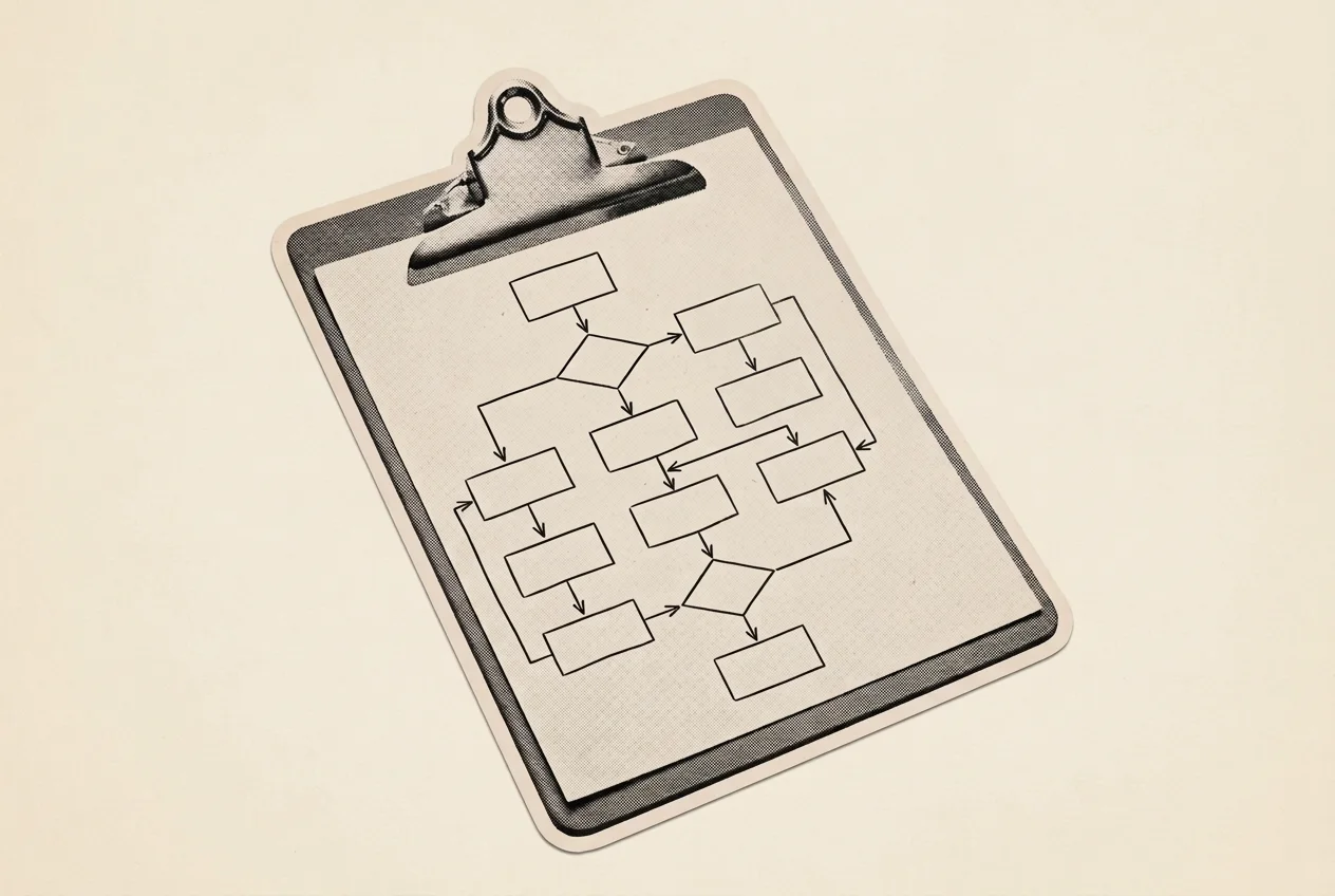 A hand with a red pencil works down a flowchart on a clipboard, ticking some boxes and crossing out others.