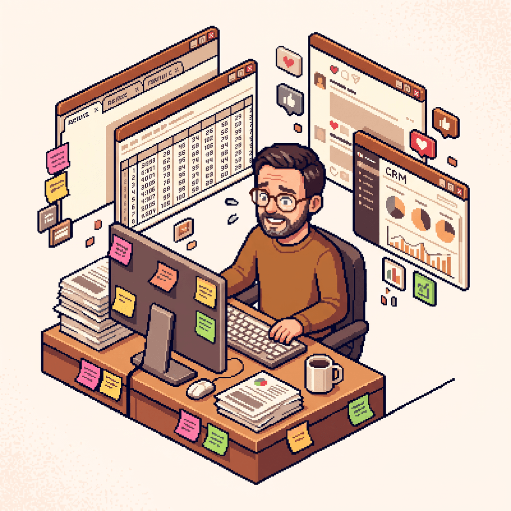A 16-bit pixel-art marketer at a cluttered desk, surrounded by spreadsheets, browser tabs, a CRM dashboard and sticky notes, looking pleasantly overwhelmed