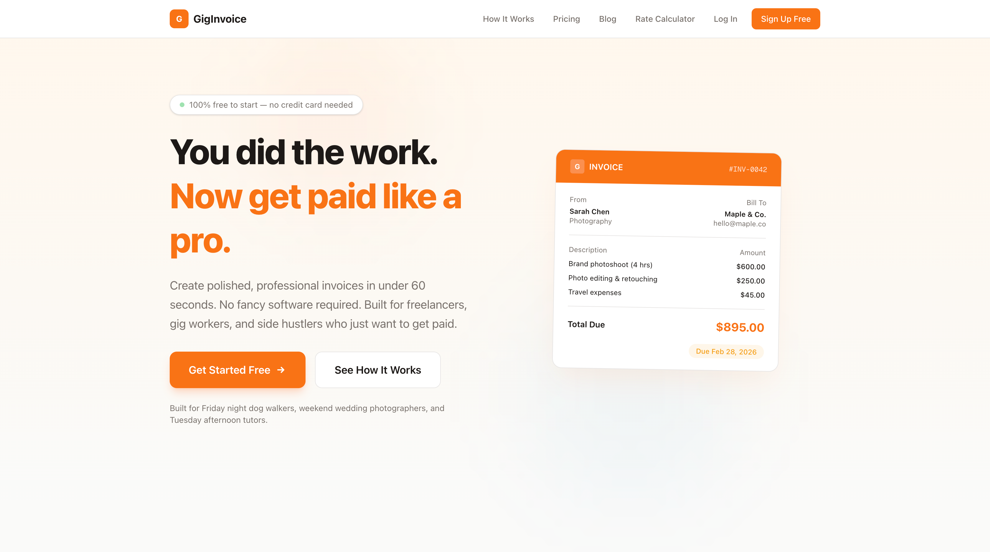Gig Invoice homepage showing its invoicing offer and an example invoice