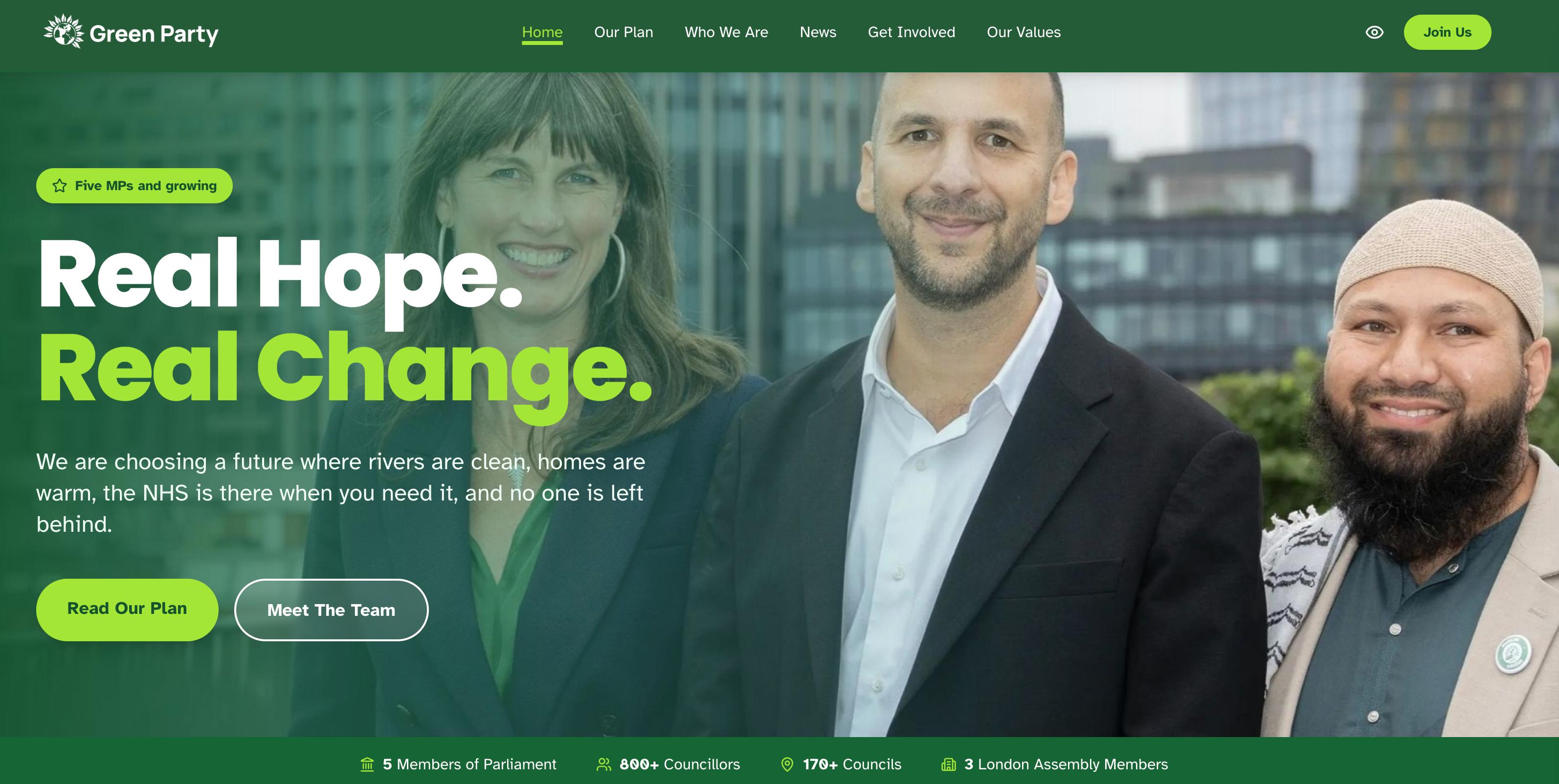 Green Party website design with the Real Hope, Real Change headline