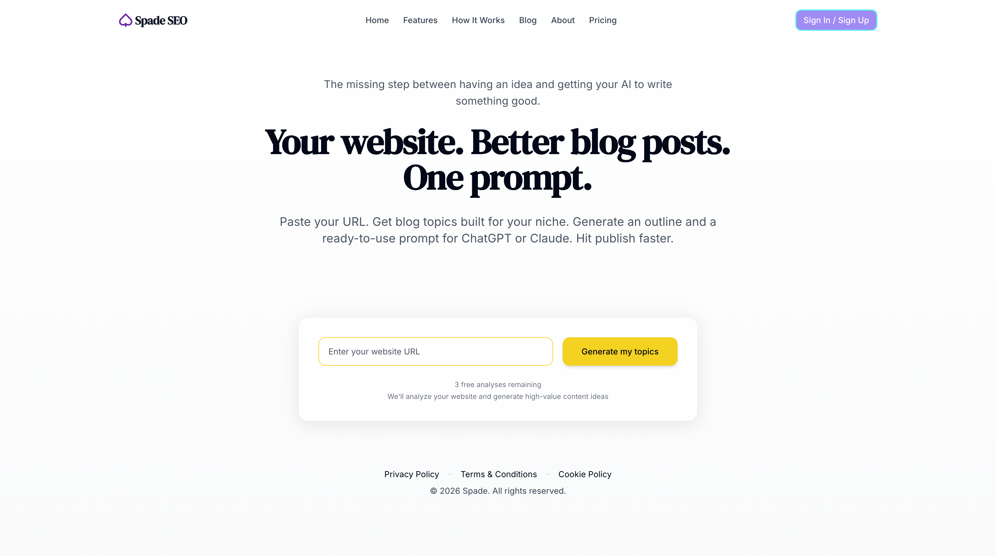 Spade SEO homepage with its website URL input and blog topic generator