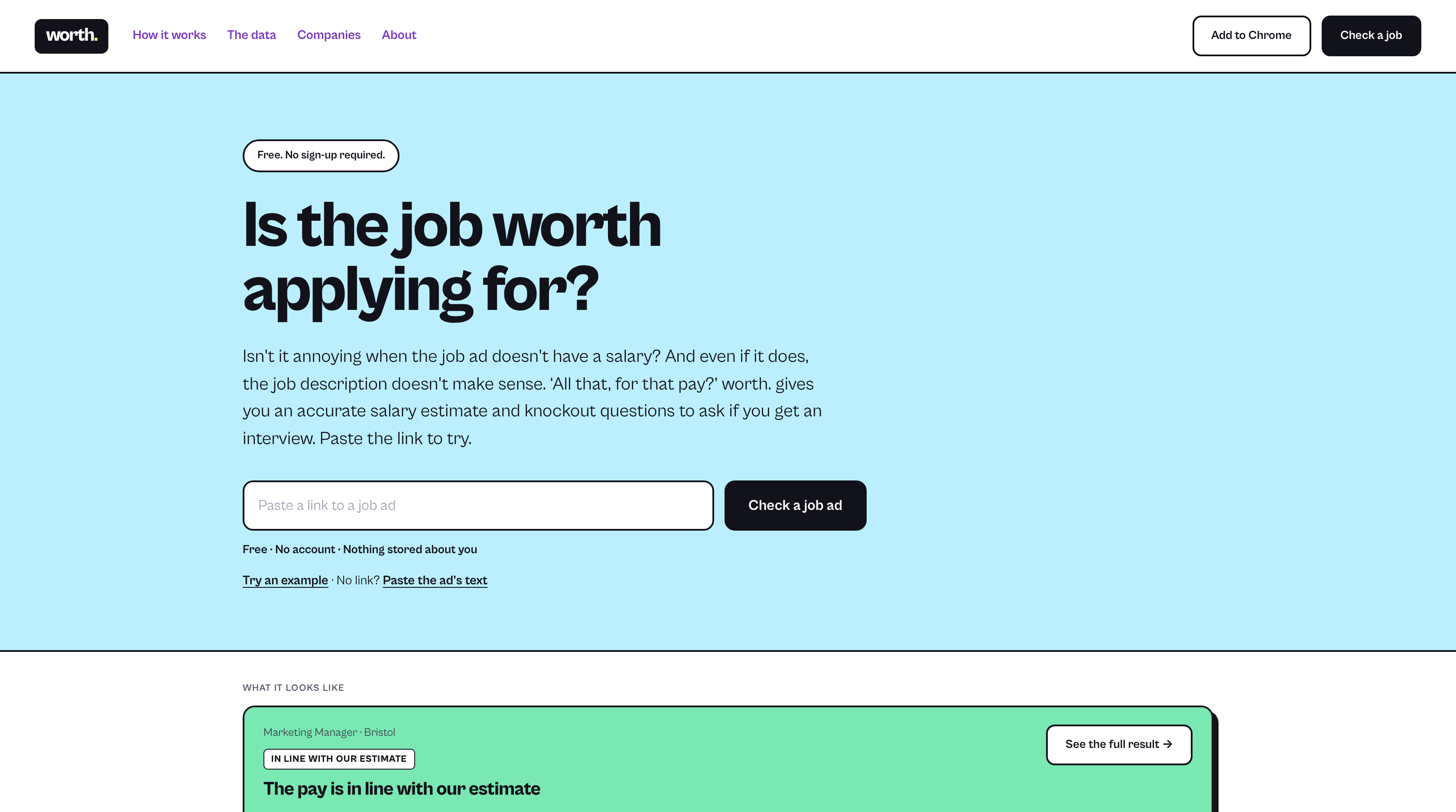 Worth homepage asking 'Is the job worth applying for?' with a box to paste a job ad link