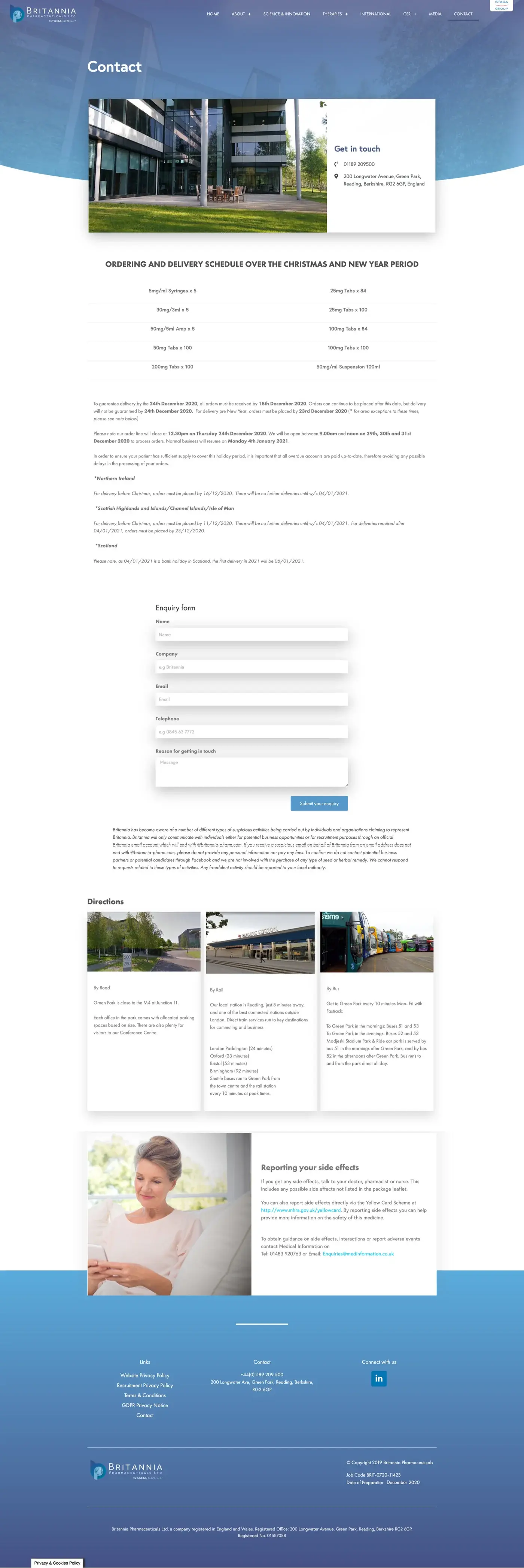 Archived Britannia Pharmaceuticals contact page design