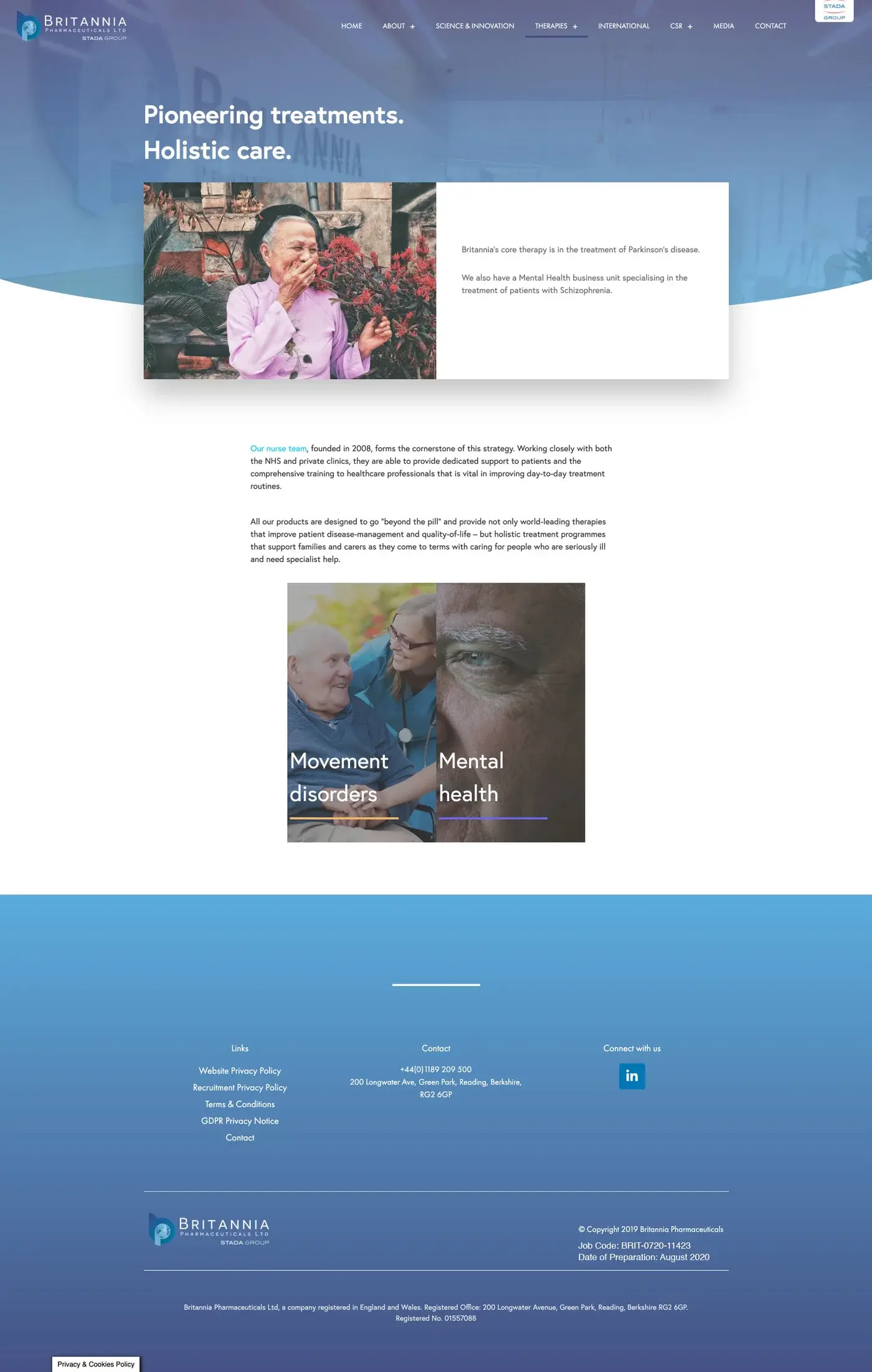 Britannia therapies page with movement disorders and mental health navigation