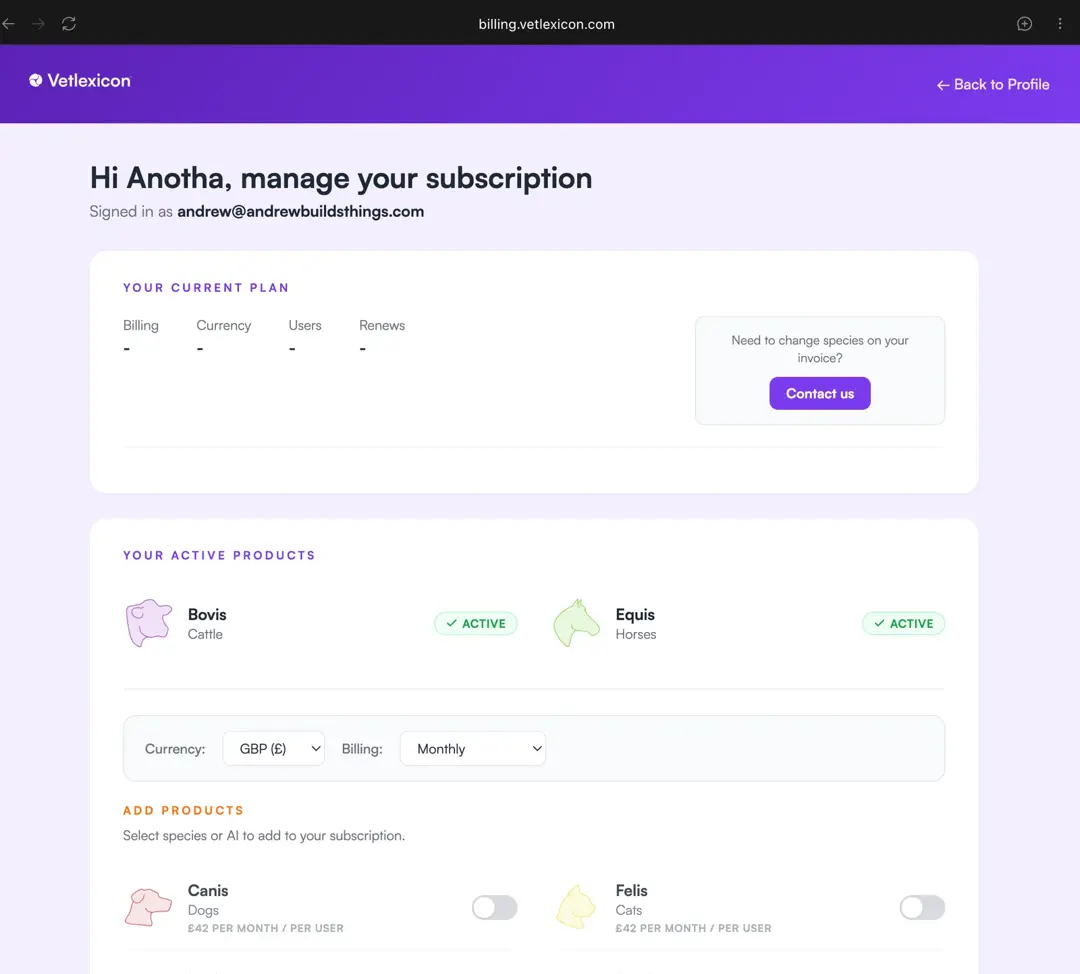 Vetlexicon subscription account-management page showing plans, active products and billing controls