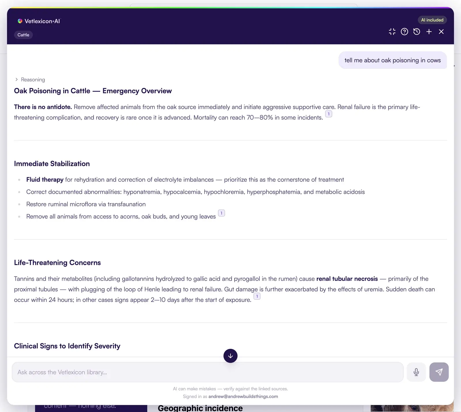 Vetlexicon plus AI displaying a sourced clinical answer about oak poisoning in cattle