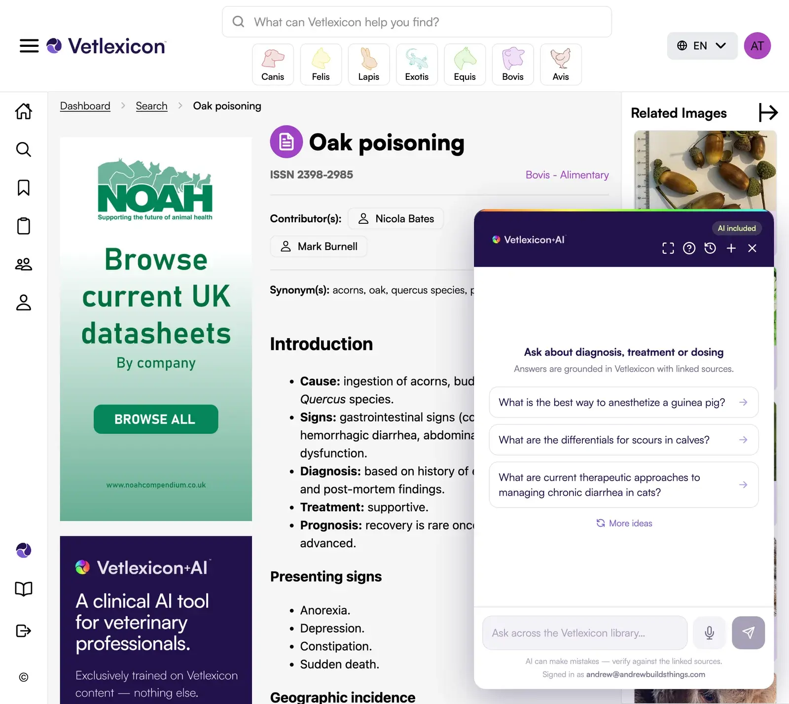 Vetlexicon clinical content page with the Vetlexicon plus AI question interface