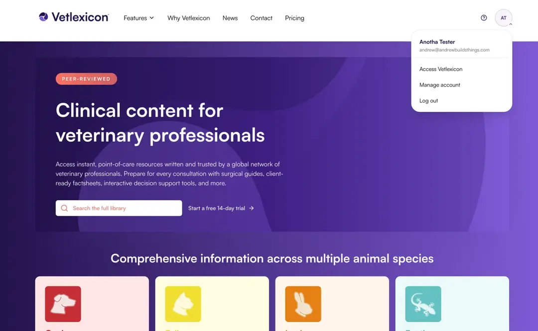 Vetlexicon website with the signed-in account menu open