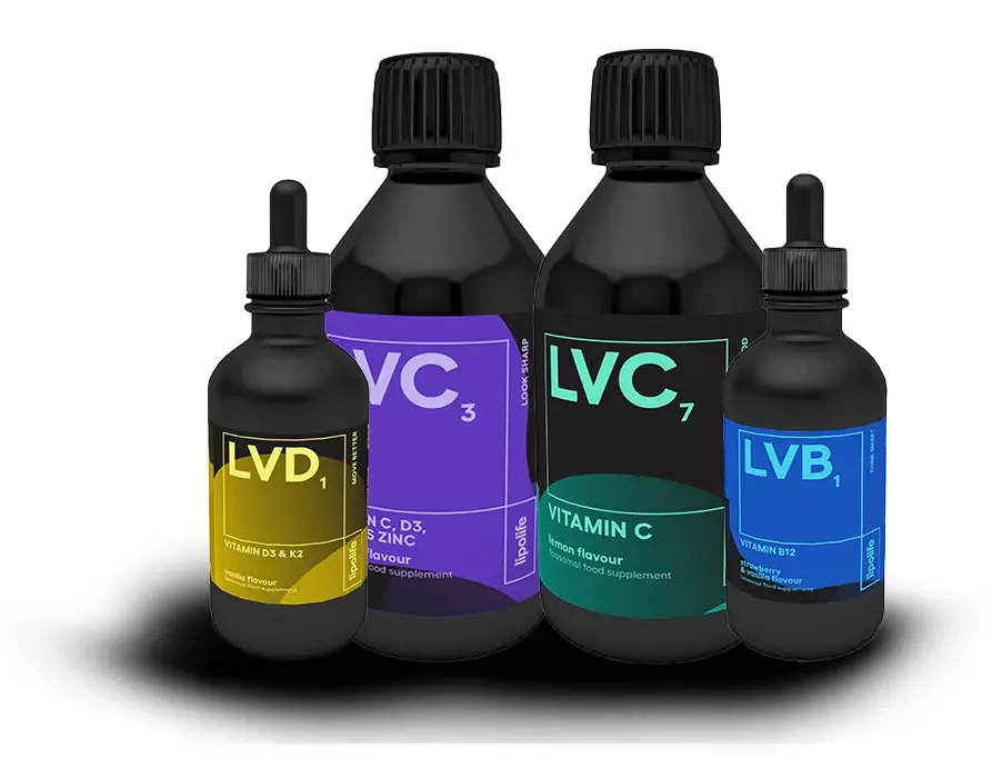 Lipolife supplement bottles with colour-coded labels presented as a product range